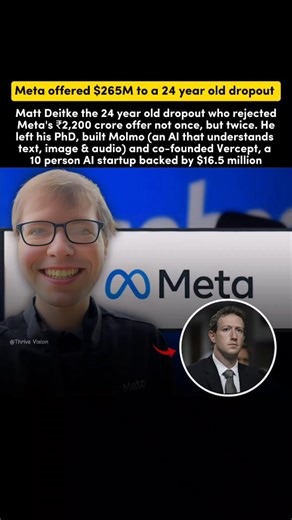 Meet Matt Deitke, a 24-year-old PhD dropout who turned down not one, but two offers from Meta worth $265 million (₹2,200 crore). Most people would’ve taken the money Matt chose the mission. He left his PhD program to focus full-time on building Molmo, a powerful AI system that can understand text, images, and audio all at once. It wasn’t just another chatbot; it was a bold leap toward creating truly multimodal intelligence. But Matt didn’t stop there. He co-founded Vercept, a 10-person AI startu