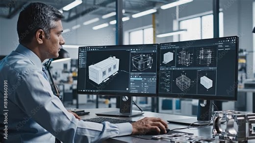 Male engineer analyzes 3D design models on dual monitors in a modern workspace filled with tools and equipment for product development