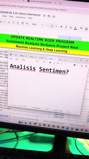 Apa sih analisis sentimen itu? kalau masih bertanya seperti itu tandanya kamu wajib punya ini. ❌ Capek ngoding dari nol buat tesis, jurnal, skripsi, analsisi opini publik? ❌ Bingung cari judul & metode analisis sentimen? 🔥 INI SOLUSINYA. Paket Lengkap Analisis Sentimen Machine Learning & Deep Learning 💻 200 kode real project 🌐 Scraping X, FB, YouTube, TikTok 🏷️ Auto labelling data 🧠 Flowchart & kerangka penelitian 🗺️ Roadmap pemula video step-by-step 📚 300 judul penelitian siap pakai ♾️ S