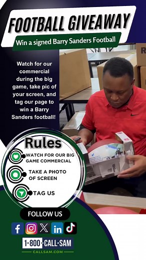 1.1K views · 66 reactions | Don't miss out on the action! Catch our commercial during the big game, snap a pic of your screen, and tag our page for a chance to score a Barry Sanders football! #CallSam #FootballGiveaway #BarrySanders | Sam Bernstein Law | Facebook