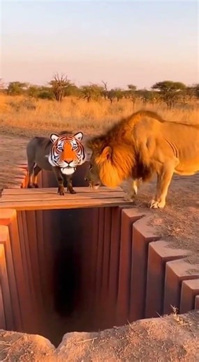Warthog in Tiger Mask Pranks Lion on 3D Optical Illusion