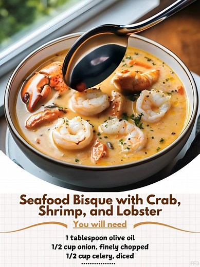 Seafood  Bisque with Crab, Shrimp, and Lobster Ingredients: - 1 tablespoon olive oil - 1/2 cup onion, finely chopped - 1/2 cup celery, diced - 1/2 cup carrots, diced - 2 cloves garlic, minced - 4 cups seafood stock (or vegetable broth) - 1 cup heavy cream ..... Full Recipe in Coʍmеոτ   | Easy Recipe For You | Facebook