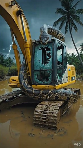 Giant Python Attacks Excavator During Storm! ⚡🐍#car #shortvideo