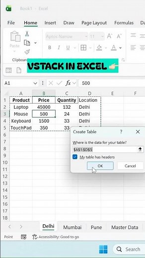 VSTACK in Excel combines multiple sheets into 1️⃣ #vstack #sheets