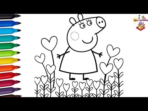 Dibuja y colorea a Peppa Pig con plantas en forma de corazón, dibujo de Peppa Pig para niños