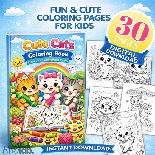 30 Cute Cats Coloring Pages for Kids – Printable Cat Coloring Book PDF Download - Etsy