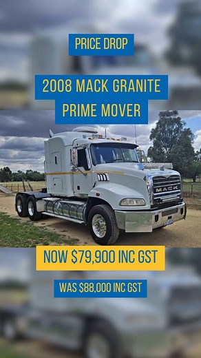 PRICE DROP 2008 Mack Granite Prime Mover—built tough, ready to haul. New Price: $79,900 INC GST - MP8 500HP – fresh rebuild - 18-Speed Road Ranger - 48” bunk, long-range tanks - 70T rated (can go to 90T) - Hydraulics available if needed This one’s had the hard work done—hook up and go. Message us or visit the link: https://www.jjltrading.com.au/online-marketplace/2008-mack-granite-prime-mover | JJL Trading Co