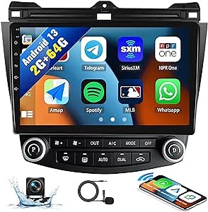 SIXWIN 2G+64G Android Car Stereo Radio for Honda Accord 7th 2003-2007 CarPlay Android Auto Mirror Link 10.1 Inch Touch Screen with GPS Navigation Bluetooth WiFi HiFi FM SWC Backup Camera MIC