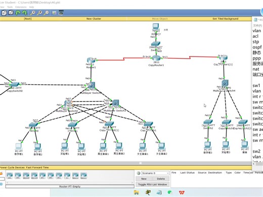 思科模拟器校园网搭建教程，搭建思路，代码讲解，功能演示，报告讲解，端口安全，生成树，OSPF路由，VLAN划分，Nat，ACL，PPP协议，链路聚合，服务器集群