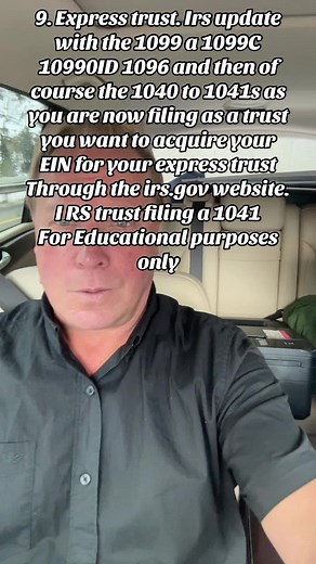 9. Express trust operations from 1040 to a trust filing 1041 with the IRS for educational purposes only to provide an outline of the trust and how it works with the 1099 a 1099C 1090 90ID 1099B 1096 and of course going from a 1040 individual filing to a 1041 trust filing this will also require an EIN which you can get for your trust at irs.gov#education #estate #commercial #trust #claim