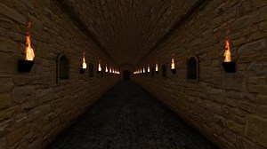 Download Green screen animation through the castle hallway with firelight on either side of the open gate for free