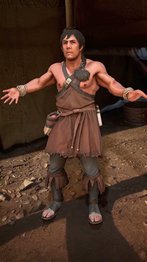 A muscular hide-worker with wide shoulders and a grounded stance, forearms dusted with dried fat ...