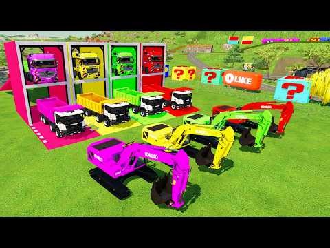 Colorful trucks - ALL COLORFUL KOBELCO EXCAVATOR, SCANIA DUMP TRUCK TRANSPORTING TO COLORFUL GARAGE