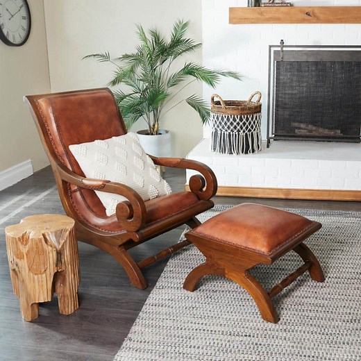 Litton Lane Jones Brown Upholstered Leather Teak Wood Accent Chair with Ottoman with Scrollwork and High Back 64775