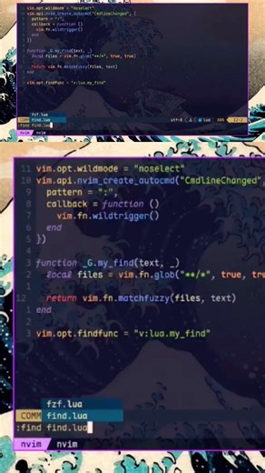 Fuzzy search and auto suggestions in find command #neovim