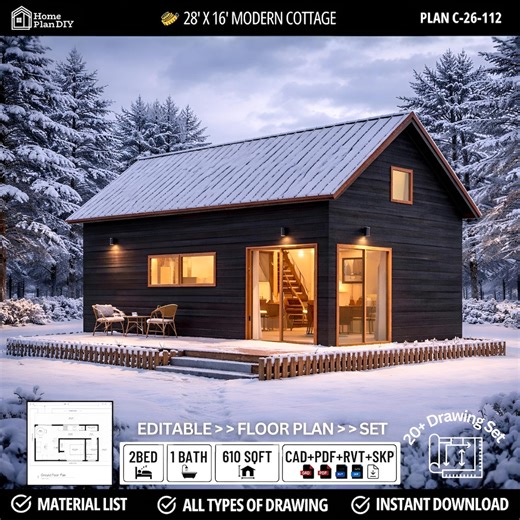 28x16 Tiny House Plans 1 Bed   Loft, Modern Cottage Cabin Design (PDF &CAD) - Etsy Canada