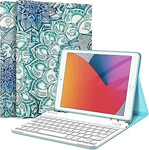 Fintie Keyboard Case for iPad 9th / 8th / 7th Generation (2021/2020/2019) 10.2 Inch, Soft TPU Back Stand Cover with Pencil Holder, Magnetically Detachable Bluetooth Keyboard, Emerald Illusions