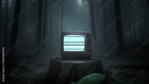 Faint, Flickering TV Screen. Walking Inside A Scary Mystical Dark Foggy Forest. A surreal shot where a single, old cathode-ray tube (CRT) television screen sits inexplicably on a stump.