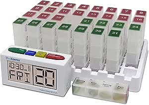 Medcenter FSA/HSA Monthly Medication Organizer for Drawer or Lock Box with 31 Pill Boxes and 4 Daily Compartments and Talking Alarm Clock Medication Reminder