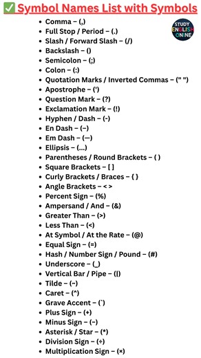 9.3K views · 87 reactions | Complete Symbol Names List (1–100) in English – Words Only #SymbolNames #PunctuationMarks #EnglishSymbols #GrammarSymbols #SymbolsList #EnglishLearning #TypingSymbols #KeyboardSymbols #SymbolGuide #EducationalContent #EnglishGrammar #Symbols101 | STUDY English Online | Facebook