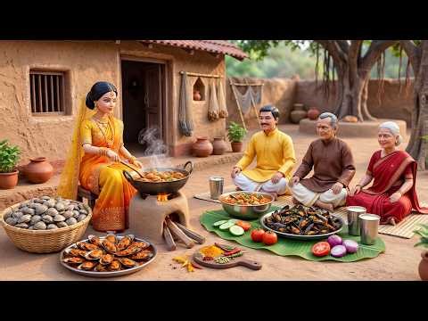 Miniature Doll Family Clam Masala Curry & Mussels Roast ASMR | Indian Village Tiny Kitchen Story