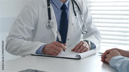 Male doctor documents patient consultations, writes clinical notes on clipboard while interacting with patients in professional medical facility. Medicine and healthcare concept