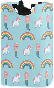 visesunny Collapsible Laundry Basket Mermaid Unicorn and Rainbow Cartoon Large Laundry Hamper with Handle Toys and Clothing Organization for Bathroom, Bedroom, Home, Dorm, Travel