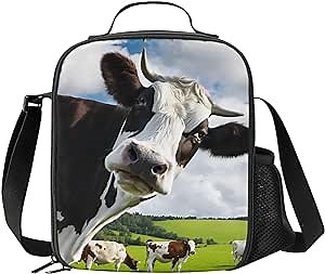 Cow Lunch Box - Insulated Lunch Box for Kids Funny 3D Design with Side Pocket & Shoulder Strap Lunch Bag, Perfect for School/Camping/Hiking/Picnic/Beach/Travel