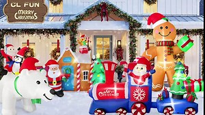 Christmas Inflatable Train Outdoor, Blow Up Train with Santa Claus and Christmas Tree, Christmas Inflatables Blow Up Yard Decorations with LED Lights for Outdoor Yard Lawn Garden