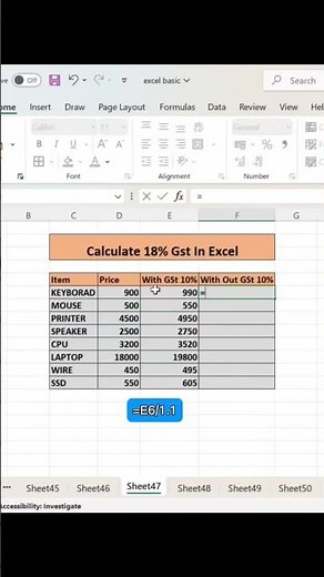 How to Calculate 18% Gst In Excel 📈🎯🤯 #excel #exceltips #exceltricks #viral #viralvideo #shorts