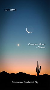 IN 3 DAYS, A CRESCENT MOON WILL DIVE INTO THE DAWN NEXT TO VENUS. On January 14, 2026, the sky over North America gets a perfect minimalist alignment. A thin waning crescent Moon hangs low in the southeast just before sunrise, with Venus blazing nearby at magnitude –4.1, outshining every star in the sky. The pair rises in deep blue twilight and sinks toward a pastel horizon of pink and gold. Set your alarm 60–45 minutes before local sunrise. Find a clear view to the southeast—no tall buildings, 