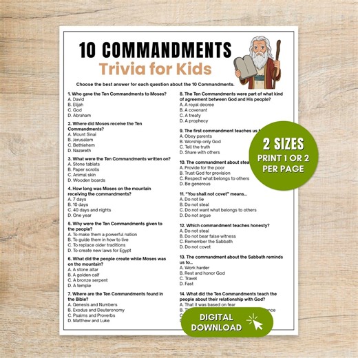 10 Commandments Trivia for Kids Game, Bible Quiz Printable, Sunday School Activity (Digital Download)