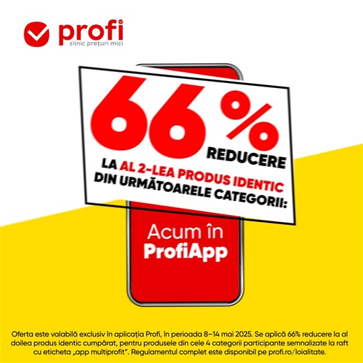 MULTI PROFIT e acum în Profi App! Între 8 și 14 mai, ai 66% reducere la al doilea produs identic cumpărat din categoria detergenți de rufe. 📲 Scanează aplicația Profi și bucură-te de reduceri care țin cu portofelul tău! 🔍 Detalii și regulament: www.profi.ro/multiprofit-app | Profi