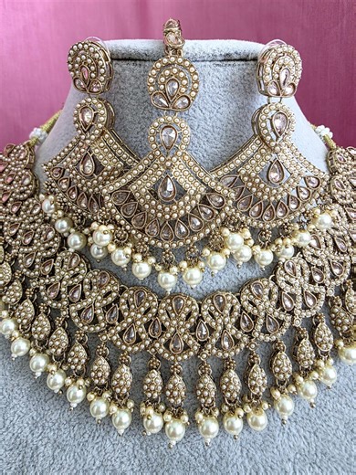 Champagne Antique Polki Reverse AD Kundan Pearl Necklace With Earrings and Tikka, Bridal Necklace, Indian Pakistani Wedding Jewelry - Etsy