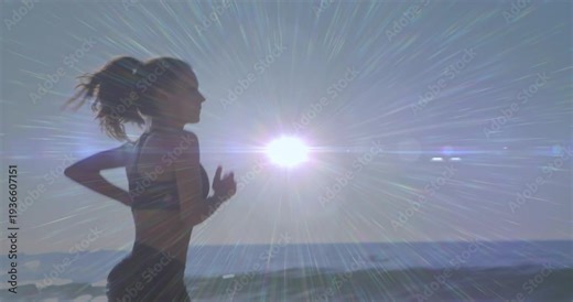 Female runner entering left and jogging shore for fitness, sun flare intensifying across silhouette