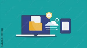 Data transfer between two electronic devices with encrypted network connection, cloud migration and secure online data storage conceptual video animation.