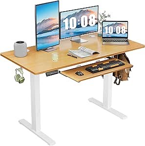 DUMOS Standing Desk with Keyboard Tray, 48 x 24 Inches Electric Desk Adjustable Height, Ergonomic Adjustable Desk with Memory Preset, Computer Desk Stand Up Desk Suitable for Home Office, Natural
