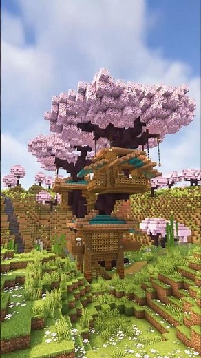 Building a Cherry Blossom Treehouse in minecraft - timelapse & tutorial