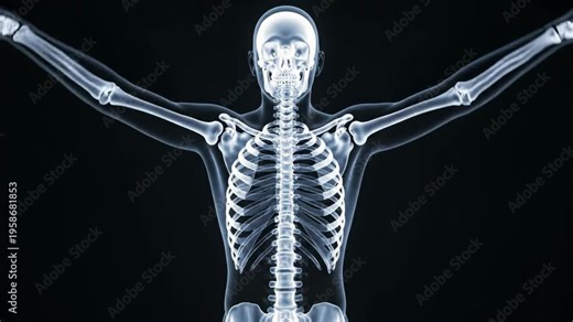X-ray of a human skeleton with arms outstretched, front view on a dark background, anatomical study