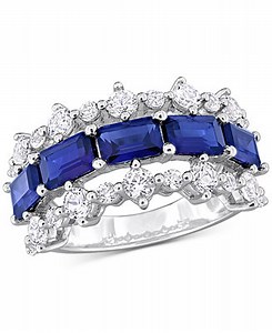 Lab-Grown Blue Sapphire (4-5/8 ct. t.w.) & Lab-Grown White Sapphire (2-1/10 ct. t.w.) Three Row Ring in Sterling Silver - Macy's