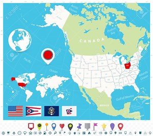 Location of Ohio on USA map with flags and map icons