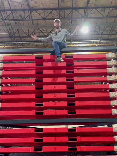 We just installed this sheet metal storage rack — check it out. This setup is two 6-foot units stacked together. The units arrive fully assembled. Once stacked, you’re ready to start loading material. This configuration gives you 16 total shelves, and every cassette includes integrated forklift channels to make unloading sheet metal easier, safer, and more controlled. #fabricationshop #sheetmetal