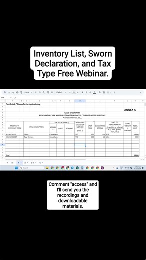 ✅ Inventory List - Done ✅ Tax Type - Done ✅ Sworn Declaration - Done Missed the live training and you want to access the recording plus the downloadable materials? Comment "access" and I'll send it to you. Follow like and share if nakuha mo na. | EC TAXPH