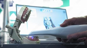 Manual 3D scanner for teeth. The doctor scans a cast of teeth on the jaw. Dentist scans teeth. New technologies in dentistry.