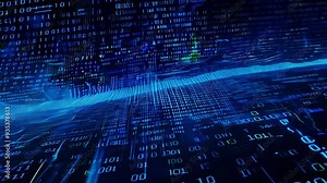 A vibrant digital landscape showcases flowing data streams and binary code, creating an immersive experience of technology in motion.