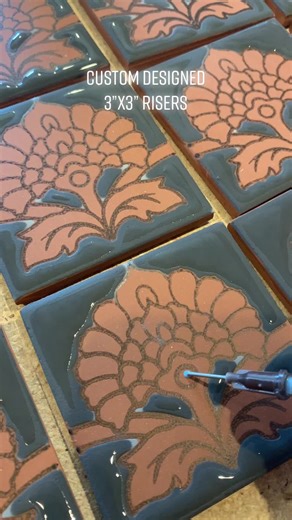 Custom designed 3”x3” stair riser tiles- one of 6 new designs. #carlyquinndesigns #satisfying #ceramics #artist #art #tile #studio #behindthescenes
