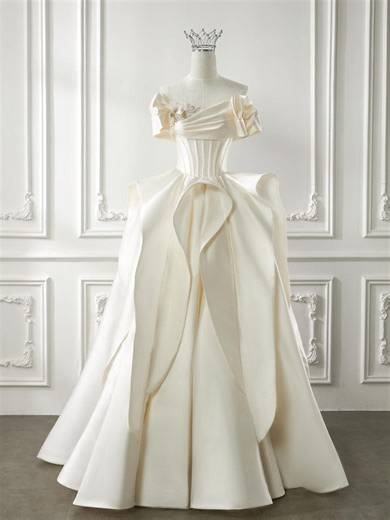 Off Shoulder Satin Ball Gown Wedding Dress With Dramatic Folds - Luxurious & Elegant Bridal Gown for a Regal Wedding - Etsy