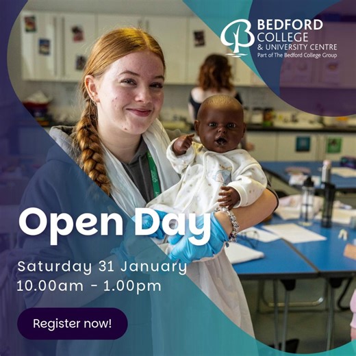 🎓 Thinking about your next steps? Join us at our next Open Day on Saturday 31 January, 10.00am – 1.00pm 🙌 Explore our courses, meet our tutors, tour the campus and get a feel for college life. Whether you’re leaving school or looking to upskill, this is your chance to see what’s possible. 👉 Register now: https://ow.ly/A9g550XSjon | Bedford College