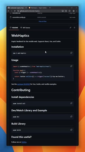 Building mobile web apps or PWAs and missing that satisfying native tap feedback? WebHaptics brings native-feeling vibration directly to the mobile web. Supports React, Vue, and Svelte out of the box — import the hook, attach it to your UI elements, and your web app suddenly feels tactile and alive. Includes a desktop debug mode that plays audio feedback while you're testing on your computer, plus a built-in toggle so users can switch haptics on or off. #github #opensource