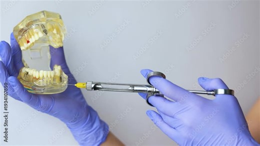 Close up of dentist administering local anesthetic into transparent dental jaw model using syringe and needle highlighting precise control technique and professional clinical procedure
